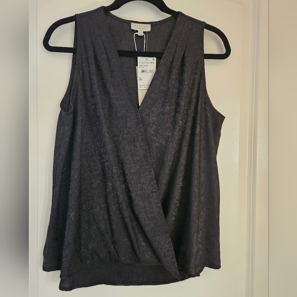 Chenault Draped Satiny Sleeveless Top — Black Subtle Pattern